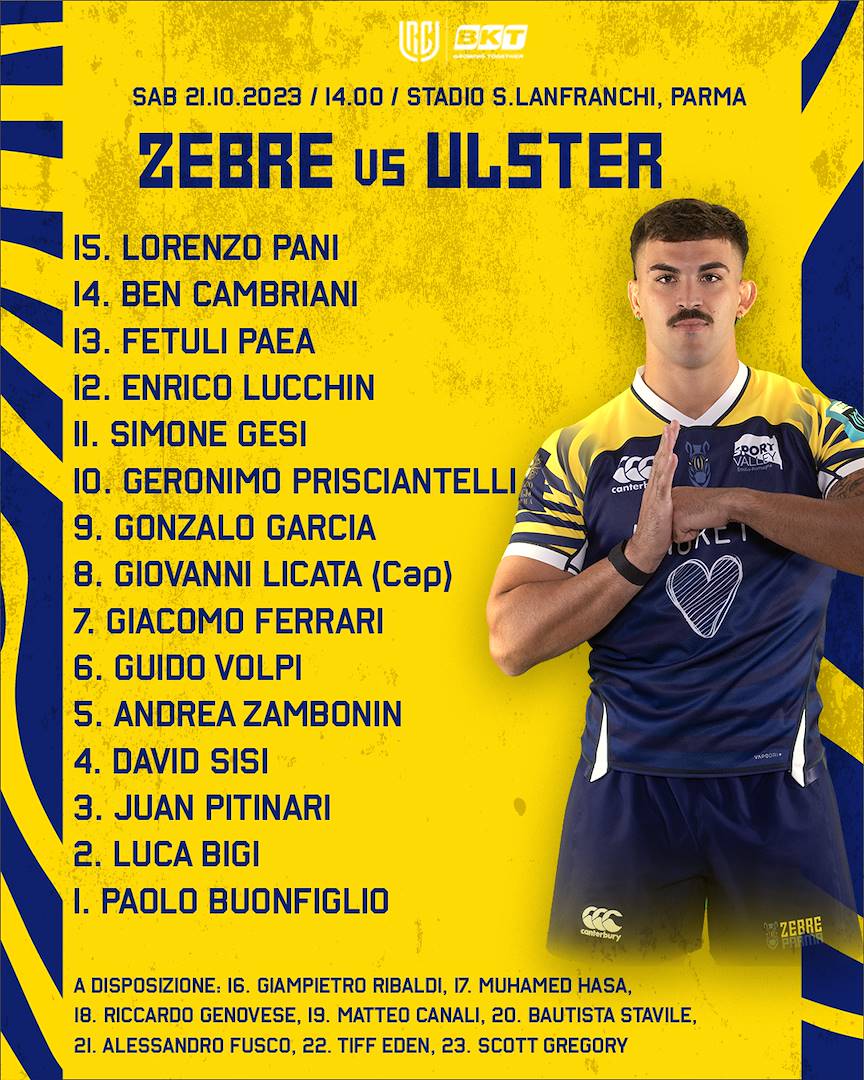 I convocati per la sfida tra Zebre e Ulster Rugby in programma sabato 21 ottobre alle ore 14:00 allo Stadio Lanfranchi di Parma e valevole per il 1° turno del BKT United Rugby Championship 2023/24: