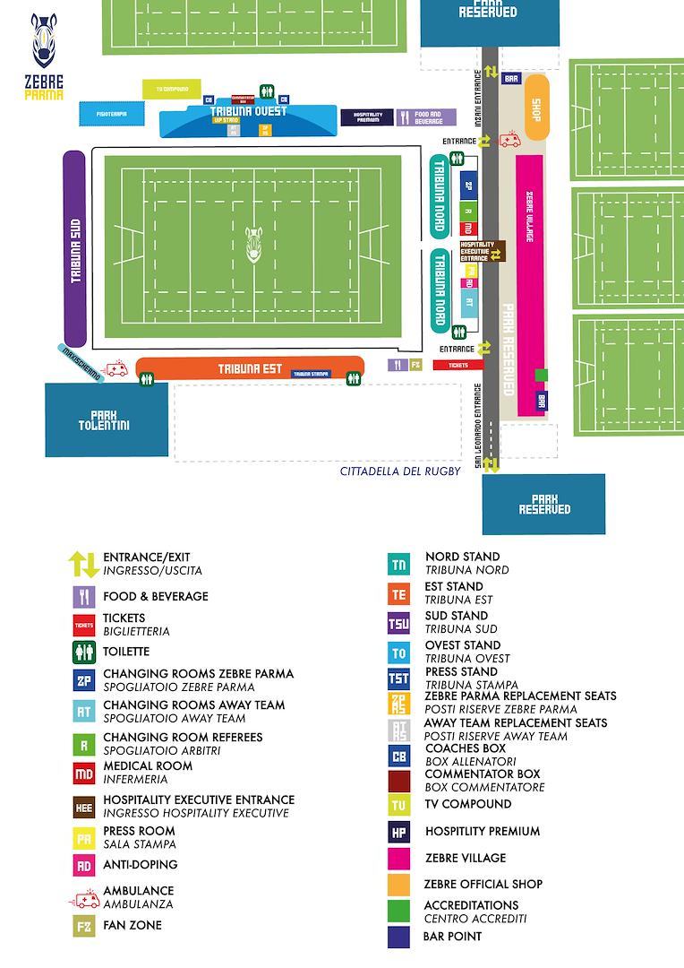 Mappa Stadio Lanfranchi e Cittadella del Rugby